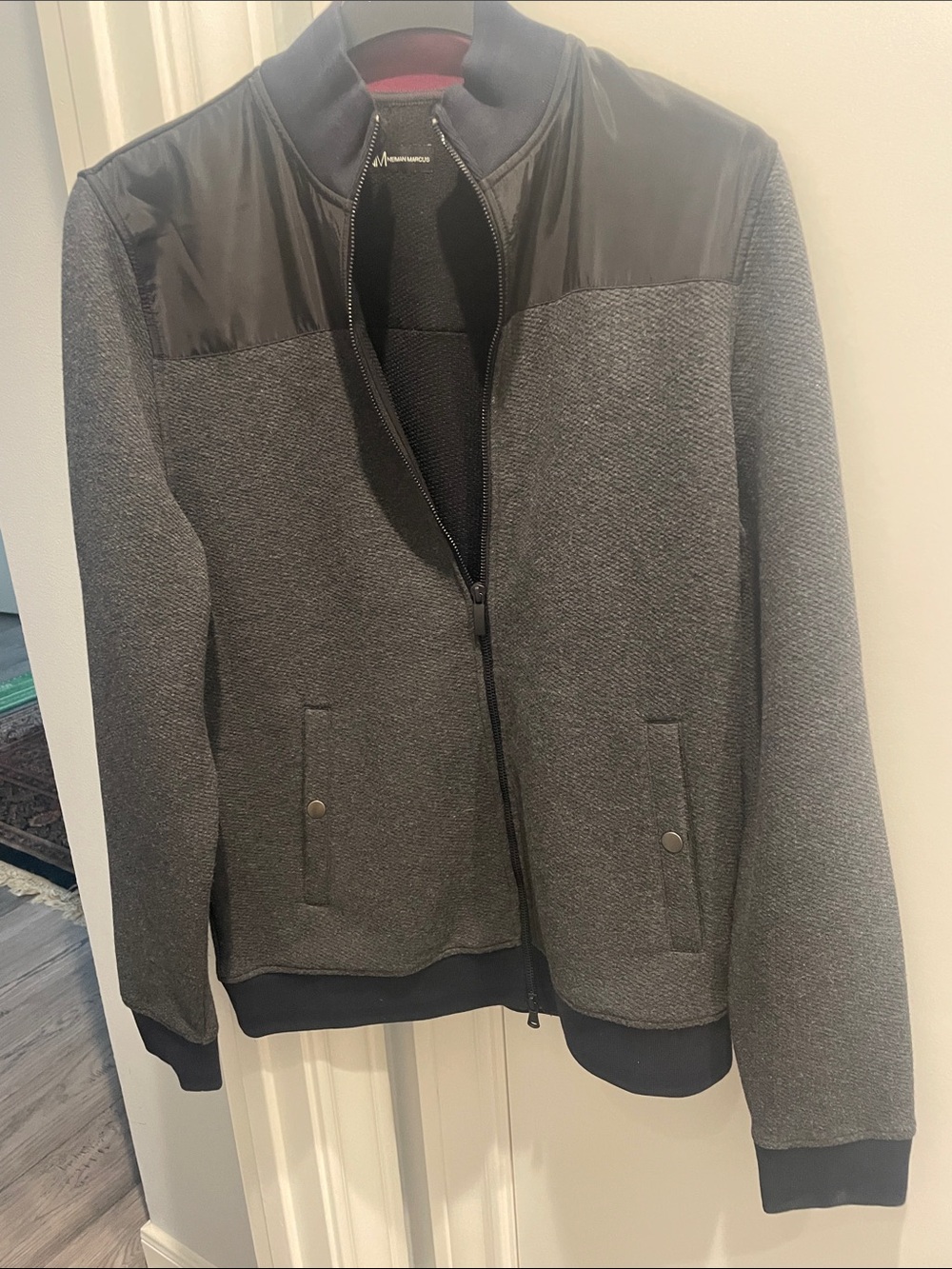 Neiman Marcus Charcoal Gray Bomber Jacket with Black Yoke